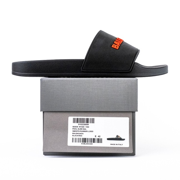 Balenciaga Black Red Pool Slide Sandals Men’s Rubber Logo - NEW - EU 42 | US 9 - Picture 2 of 16
